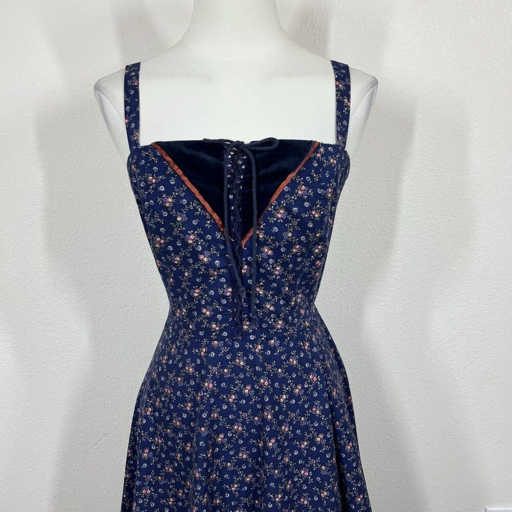 Vintage Gunne Sax Prairie Dress Women 9 Blue Floral Maxi Corset 70s Renaissance - Picture 4 of 11